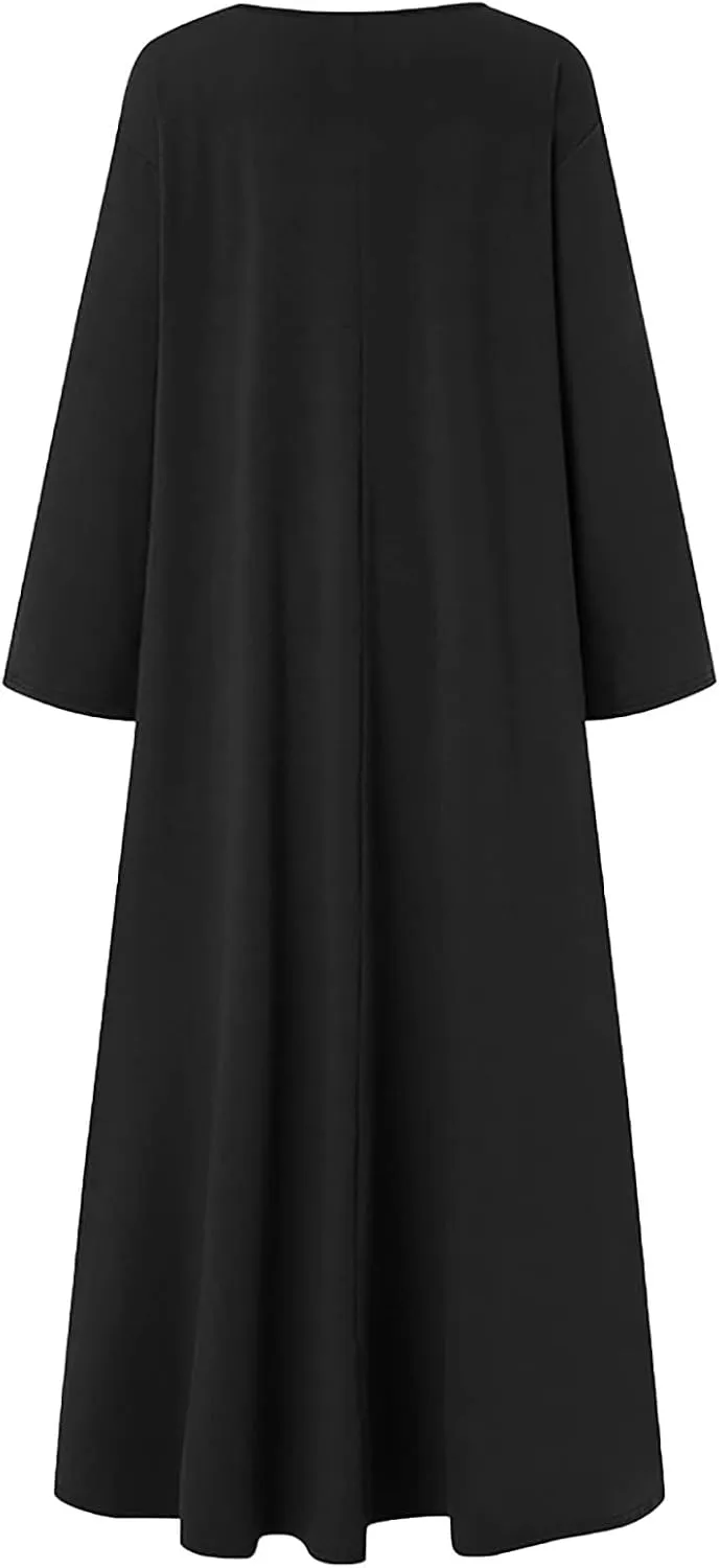 Womens Dresses Fall Casual Long Sleeve Solid V Neck Ruffle Flowy Maxi Dress Vintage Daily Vacation Dress 2024 Clothes