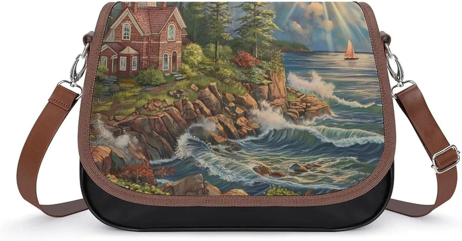 Women's Handbag Lighthouse Coast Landscape Satchel Bag Leather Crossbody Bag Waterproof Messenger Bag