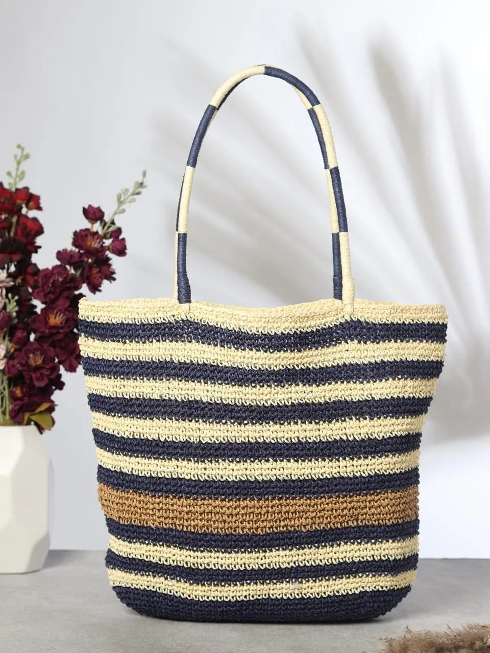 Women's Handmade Cotton Tote Bag – Bohemian Shoulder Bag, Spacious Hand-Crochet Vintage Knitted Shopping Bag