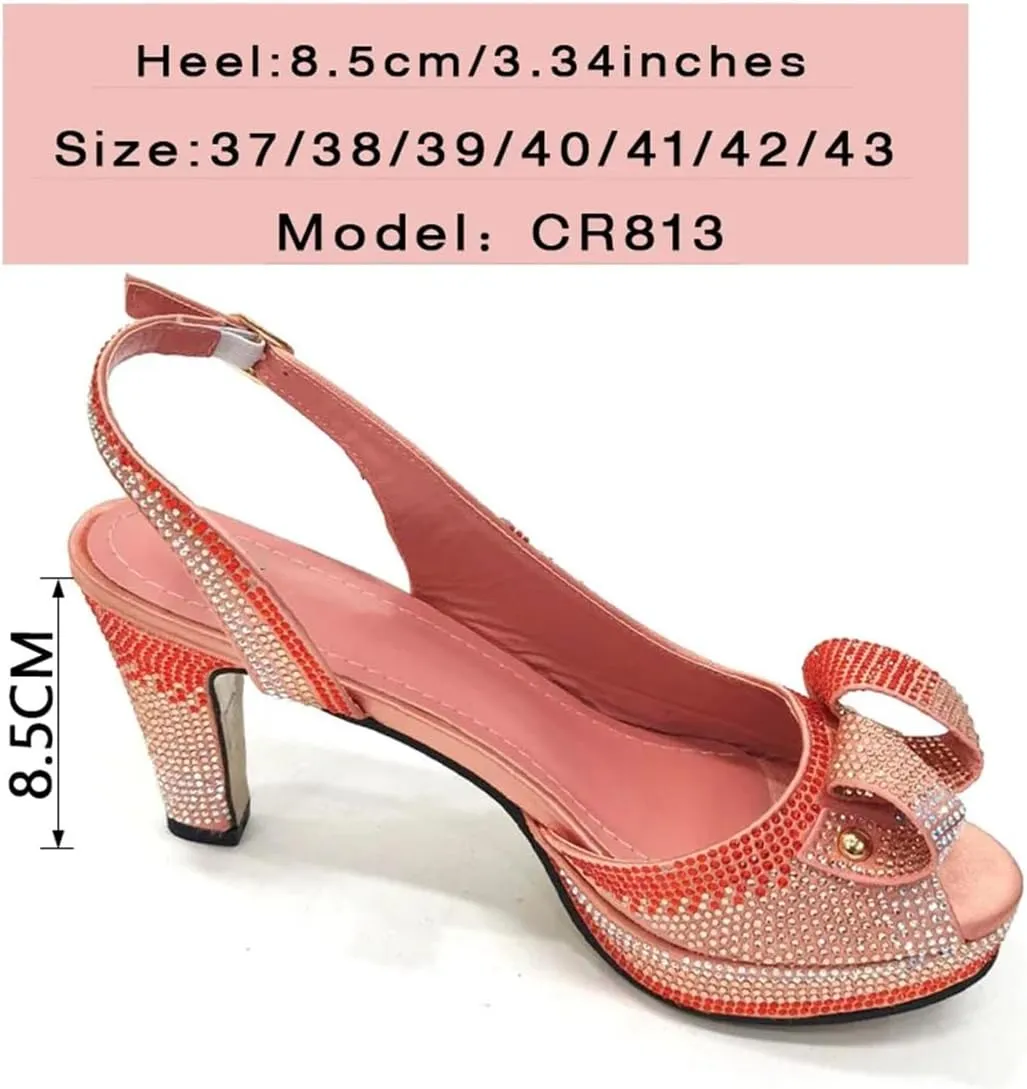 Womens Sparkly Crystal Accented Party Shoes and Matching Shoulder Bag Set Comfortable High Heels for Bride