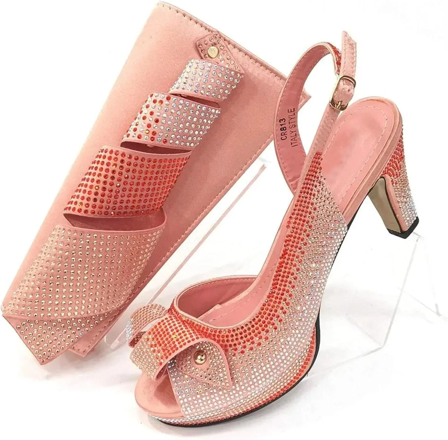 Womens Sparkly Crystal Accented Party Shoes and Matching Shoulder Bag Set Comfortable High Heels for Bride