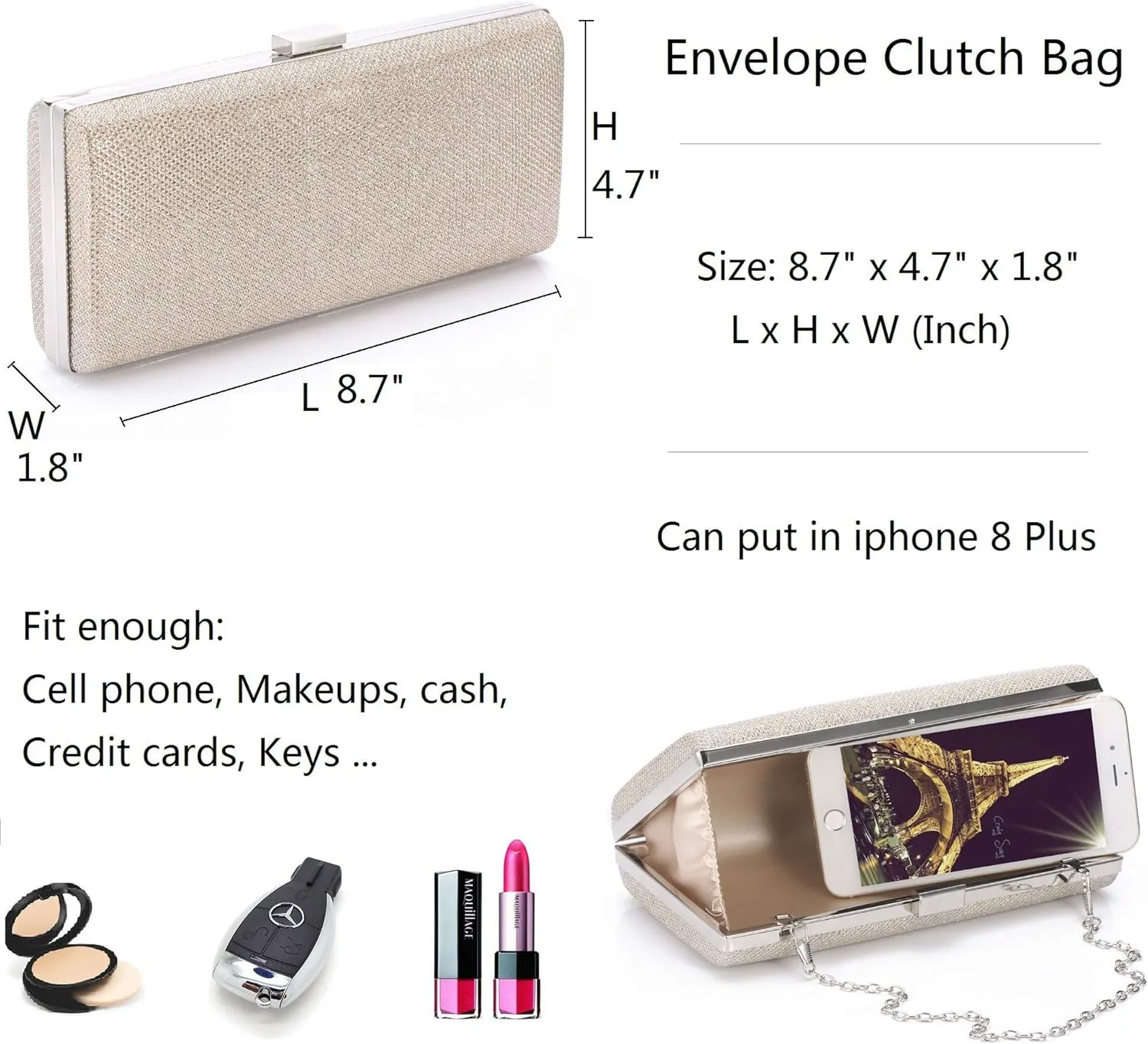 Womens Vintage Envelope Clutch Silver Evening Handbag For Cocktail/Wedding/Party