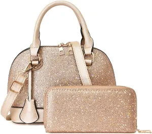 XXGJOALD-Shiny Handbags and Wallet Sets Women Classic Dome Satchel Bags Purse Faux Leather Top Handle Handbag Small Totes 2-Pcs