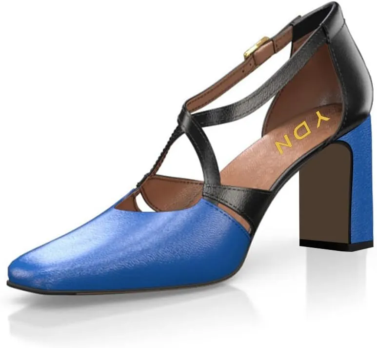 YDN Women Cross Strap Sqaure Toe Pumps Chunky Block High Heel D'orsays Fashion Contrast Stitching Office Dressy Shoes Size 4-15 US