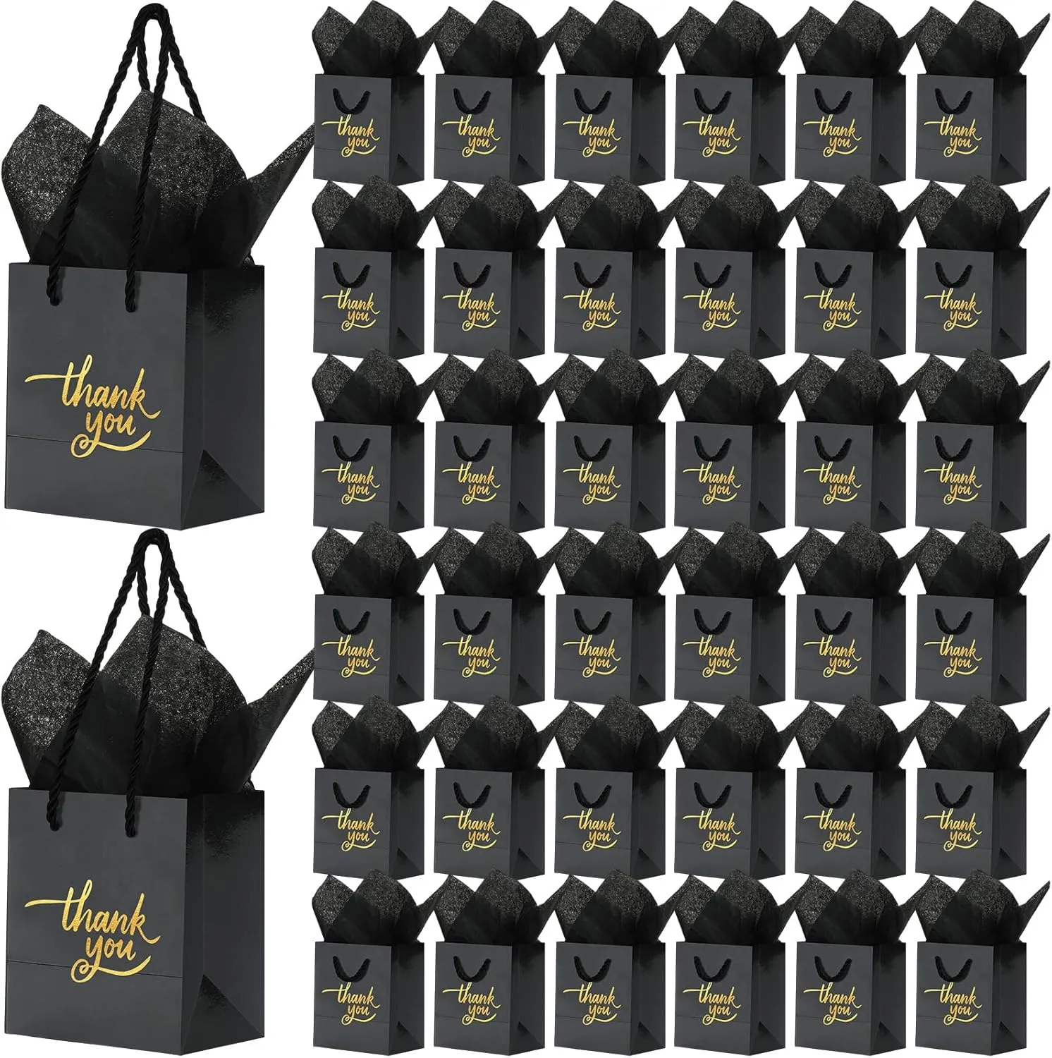 Yeaqee 100 Pack Small Gift Bags Bulk Mini Thank You Paper Bags with Handle and Tissue Paper for Wedding Birthday Baby Shower Business Graduation Party Favors, 4 x 2.75 x 4.5 Inch(Black)