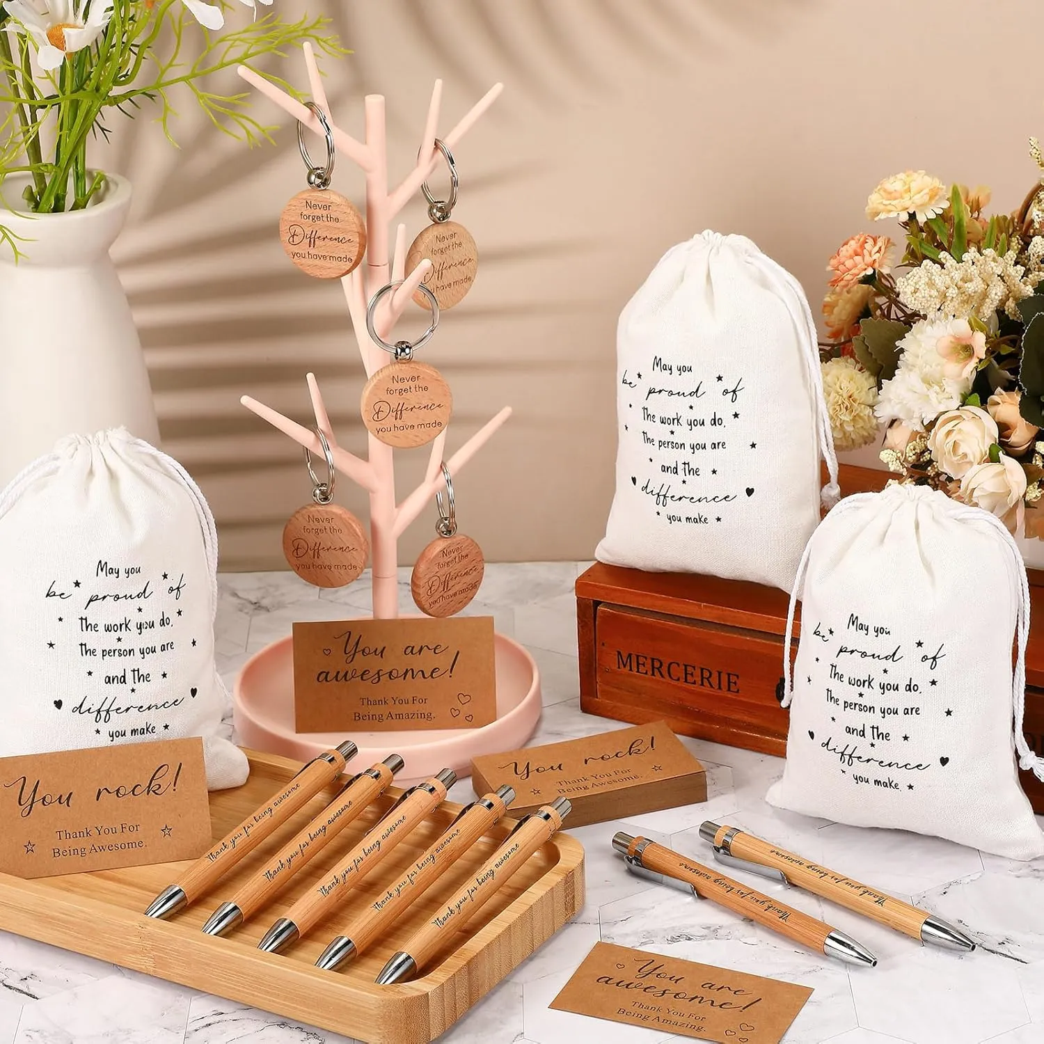 Yeaqee 36 Sets Employee Appreciation Gift Include Motivational Burlap Drawstring Bags Wood Retractable Ballpoint Pens Inspirational Keychain Thank You Kraft Cards for Coworker Office Supplies