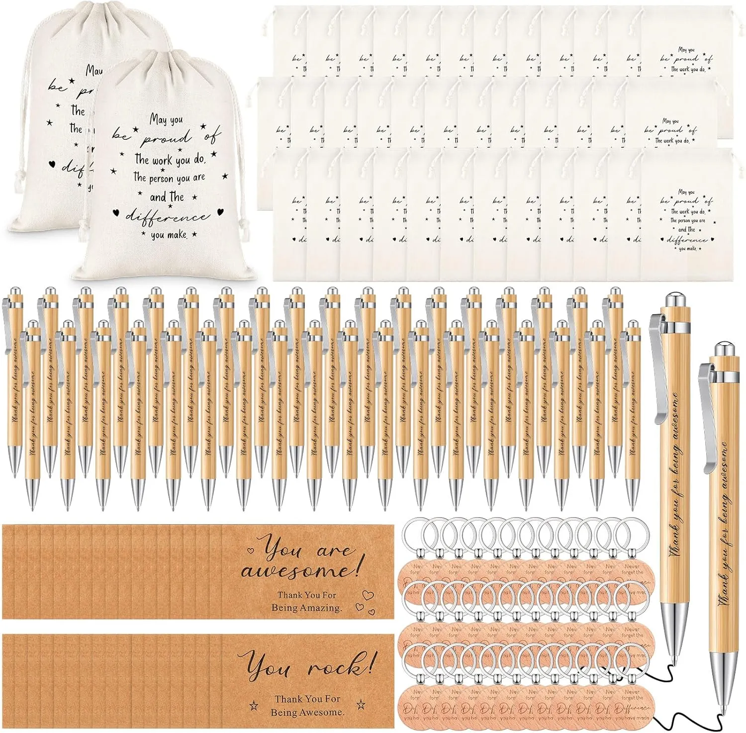 Yeaqee 36 Sets Employee Appreciation Gift Include Motivational Burlap Drawstring Bags Wood Retractable Ballpoint Pens Inspirational Keychain Thank You Kraft Cards for Coworker Office Supplies