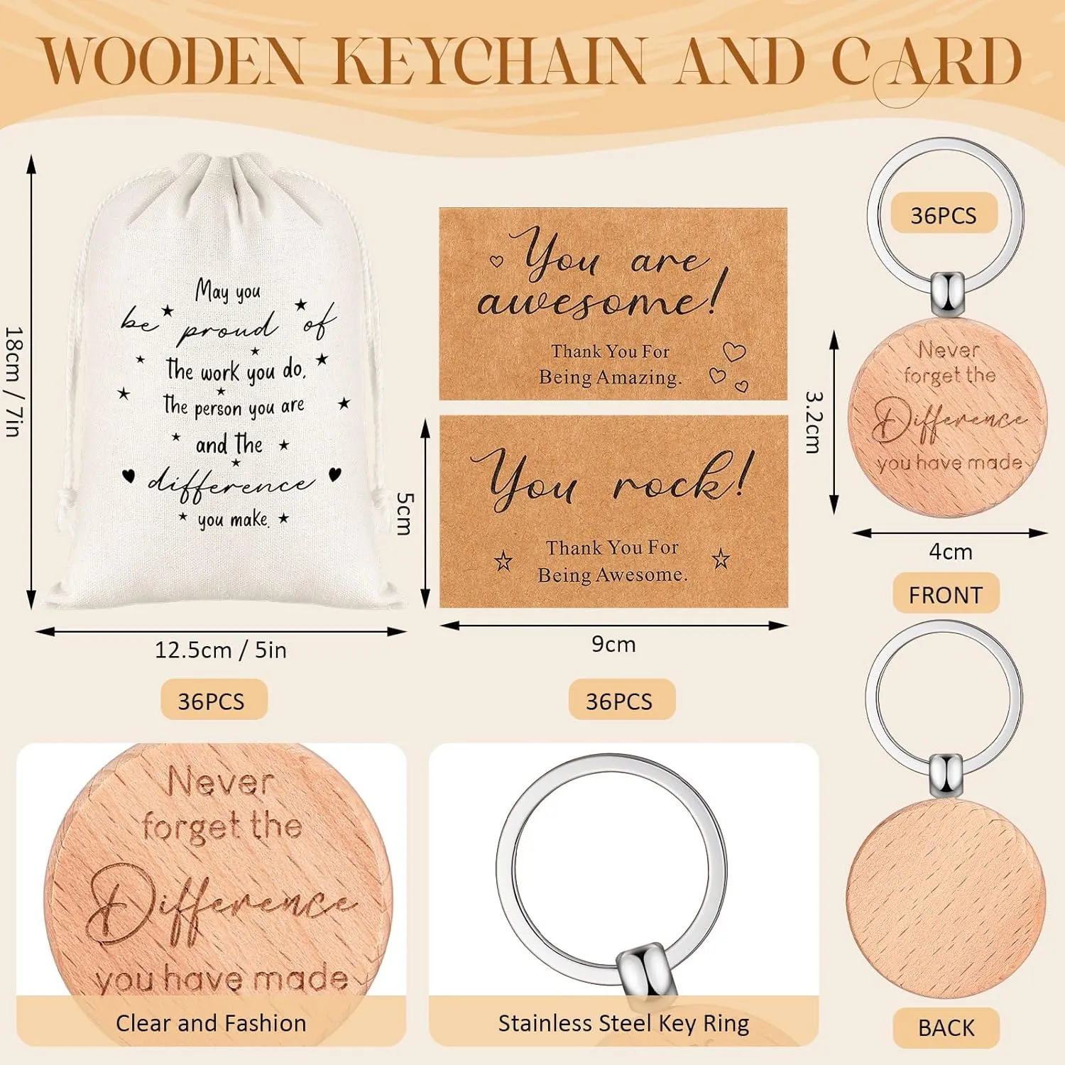 Yeaqee 36 Sets Employee Appreciation Gift Include Motivational Burlap Drawstring Bags Wood Retractable Ballpoint Pens Inspirational Keychain Thank You Kraft Cards for Coworker Office Supplies