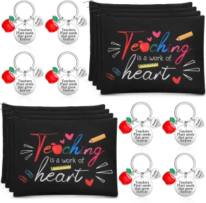 Yinkin 16 Pcs Teacher Appreciation Gifts Set, 8 Teacher Makeup Pouch Cosmetic Bags and 8 Teacher Appreciation Keychains for Teacher (Teaching)