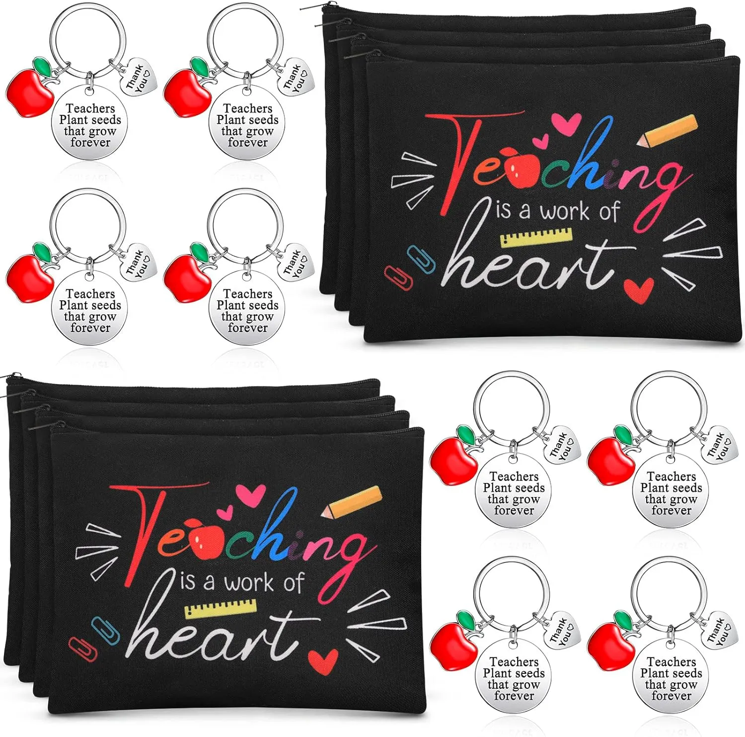 Yinkin 16 Pcs Teacher Appreciation Gifts Set, 8 Teacher Makeup Pouch Cosmetic Bags and 8 Teacher Appreciation Keychains for Teacher (Teaching)