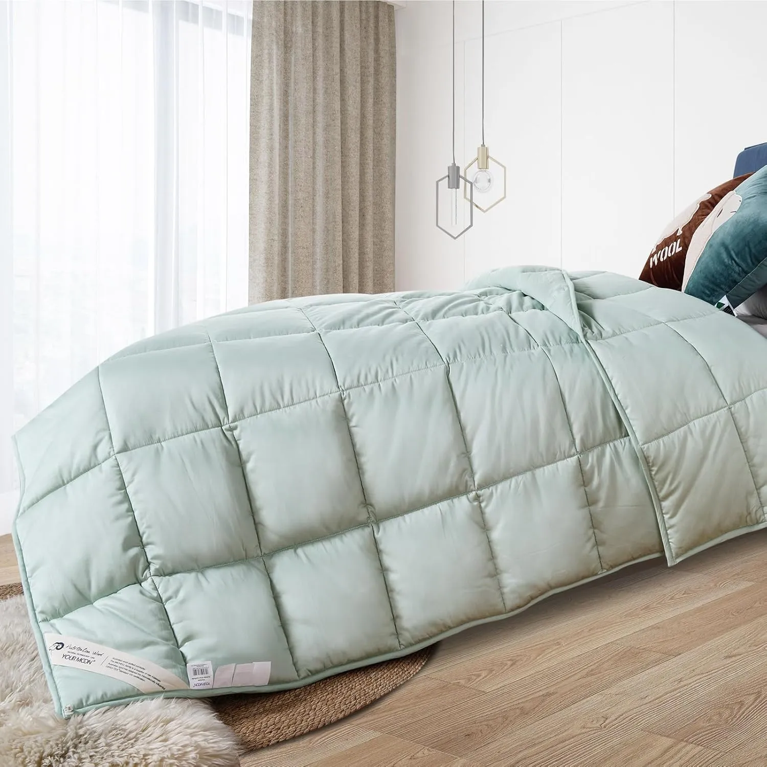 YOUR MOON Luxurious All Season Wool Comforter Queen Size, 100% Natural Australian Wool Filling, Hypoallergenic Comforter Duvet Insert, Noiseless Cotton Shell (Green)