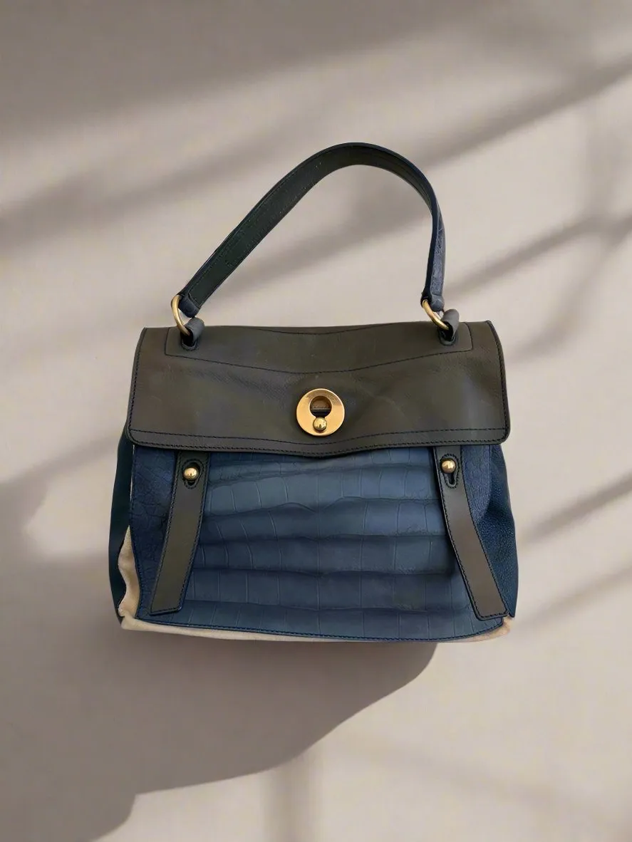 YSL Yves Saint Laurent Muse Two in Blue Nubuck Croc Embossed Small Size