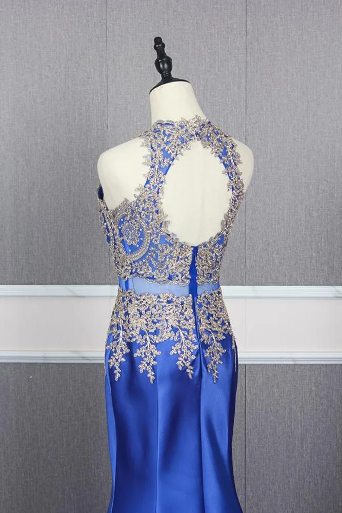 YY156 Real Elegant Luxurious High Neck Blue Long Satin Dress Mermaids Evening Dresses