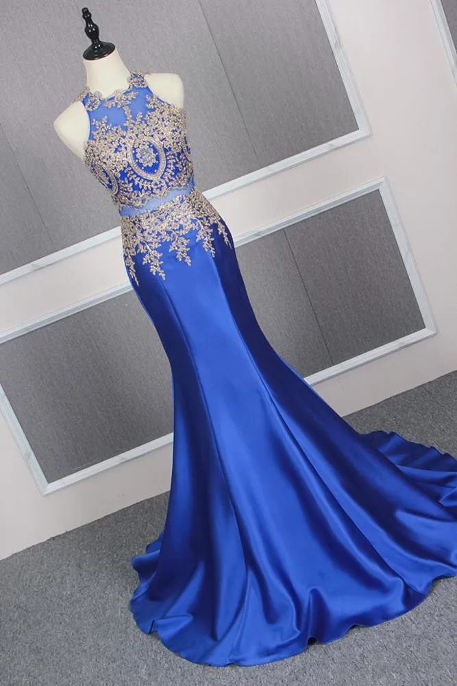 YY156 Real Elegant Luxurious High Neck Blue Long Satin Dress Mermaids Evening Dresses