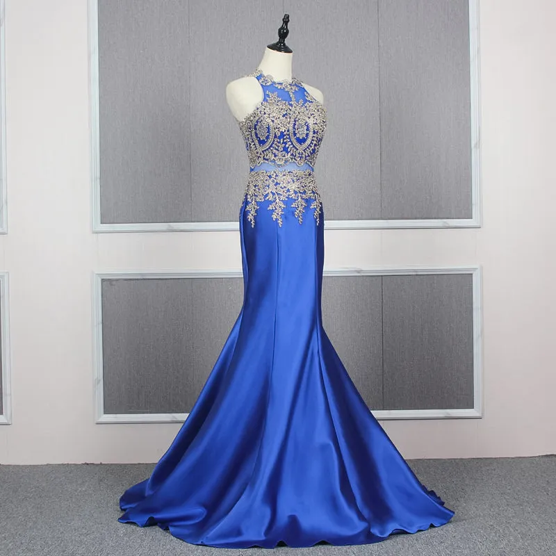 YY156 Real Elegant Luxurious High Neck Blue Long Satin Dress Mermaids Evening Dresses