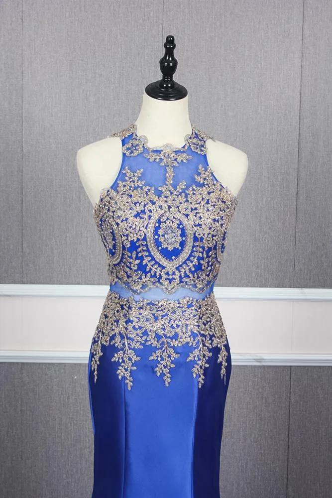 YY156 Real Elegant Luxurious High Neck Blue Long Satin Dress Mermaids Evening Dresses