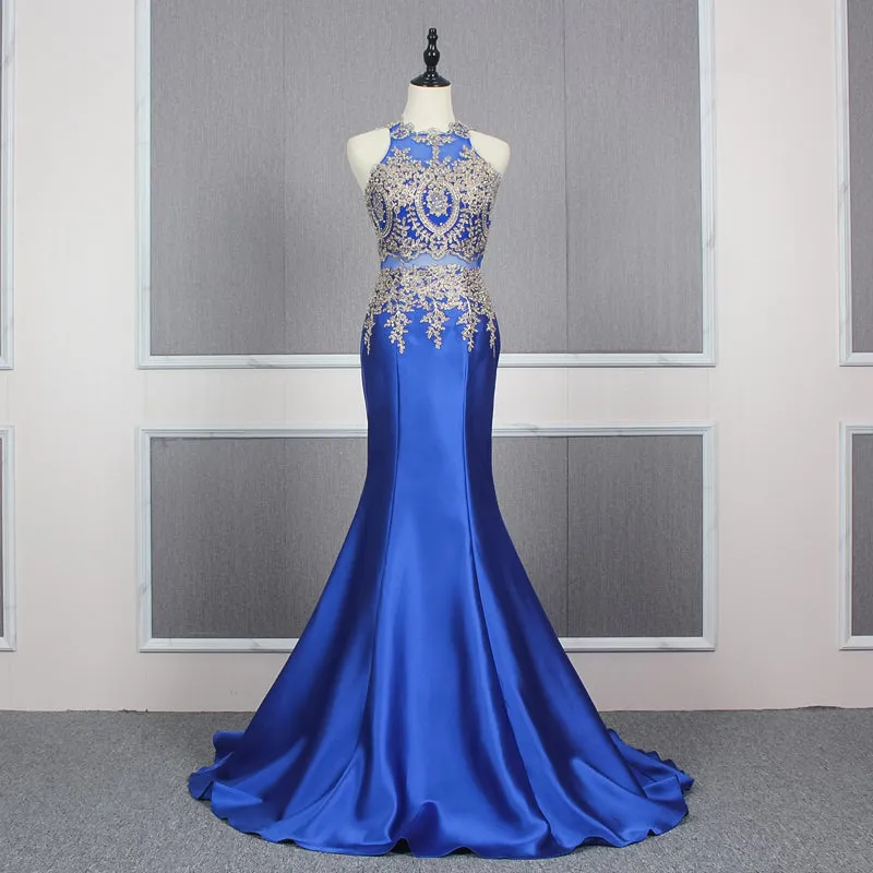 YY156 Real Elegant Luxurious High Neck Blue Long Satin Dress Mermaids Evening Dresses