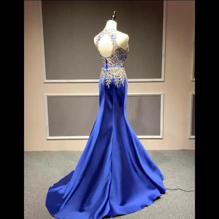 YY156 Real Elegant Luxurious High Neck Blue Long Satin Dress Mermaids Evening Dresses