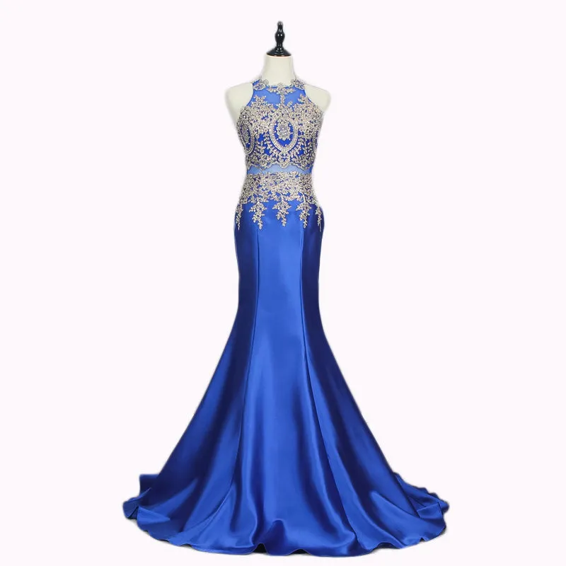YY156 Real Elegant Luxurious High Neck Blue Long Satin Dress Mermaids Evening Dresses