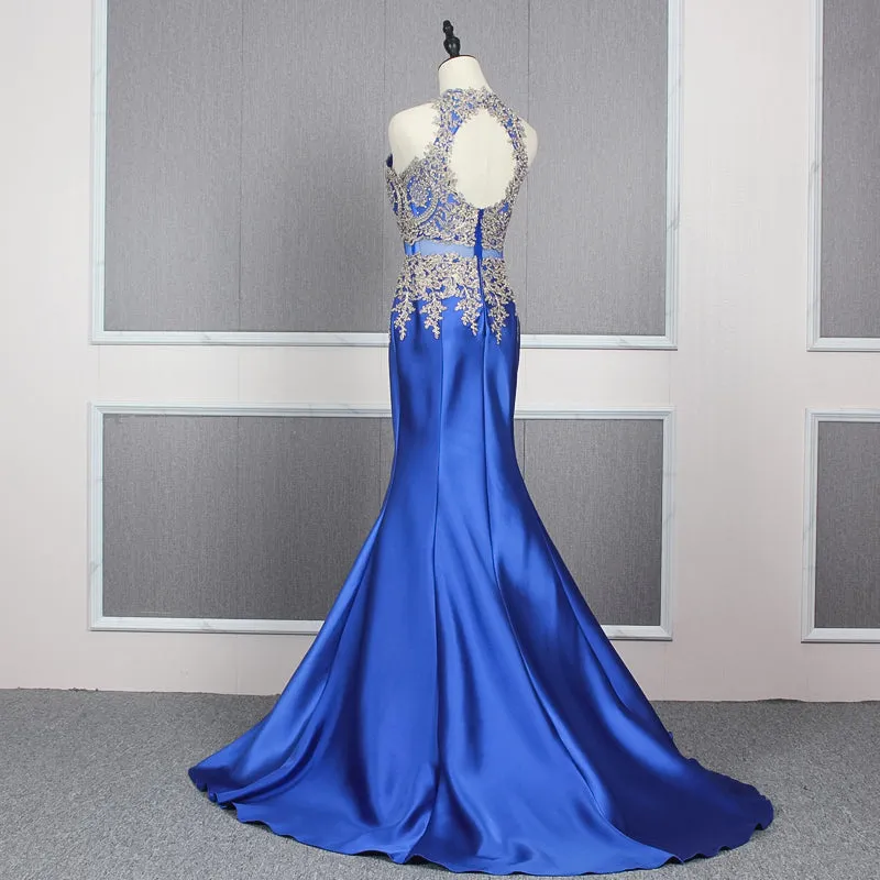 YY156 Real Elegant Luxurious High Neck Blue Long Satin Dress Mermaids Evening Dresses
