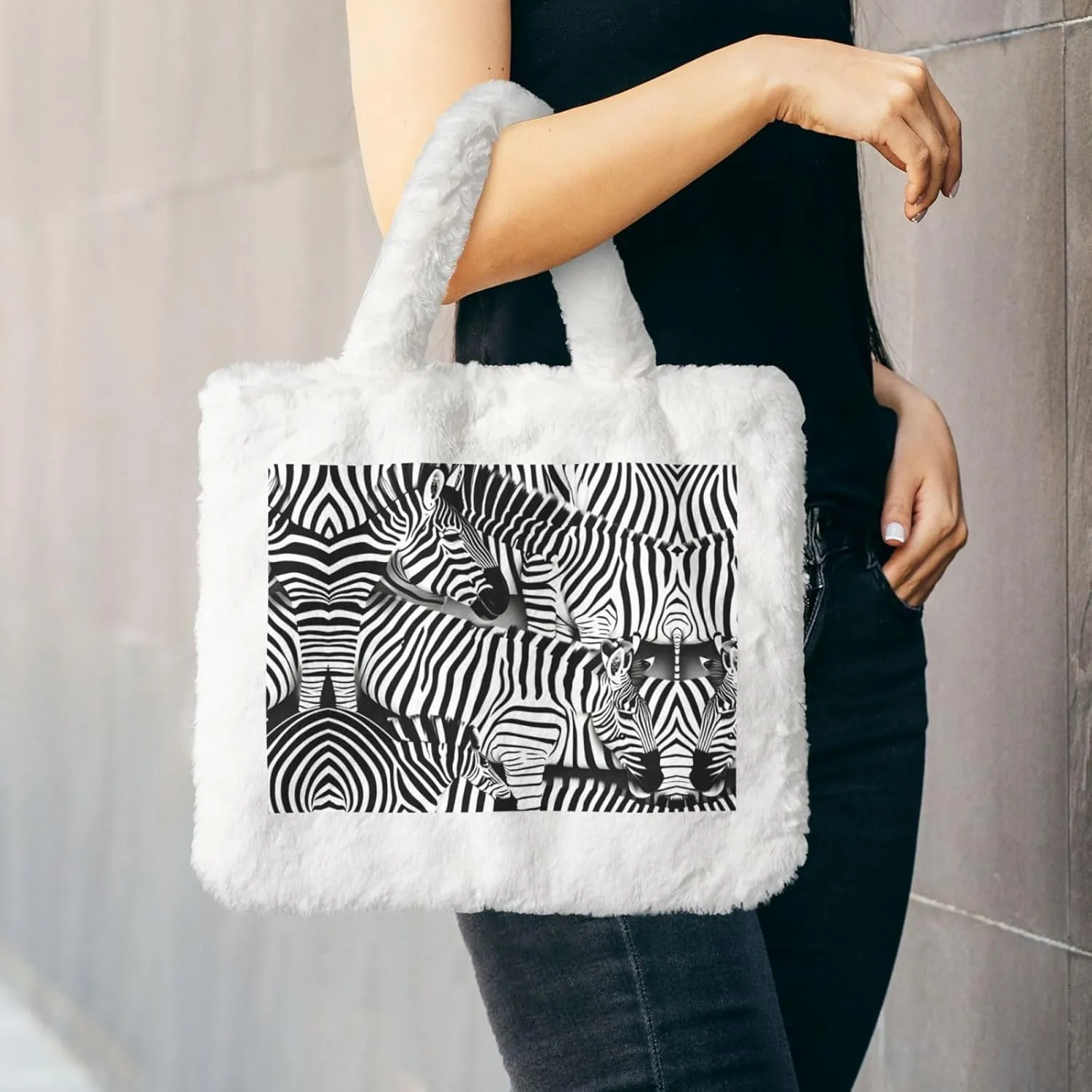 Zebra Printing Fluffy Shoulder Bag Ladies Plush Underarm Bag Tote Bag Furry Purse Handbag For Work Travel