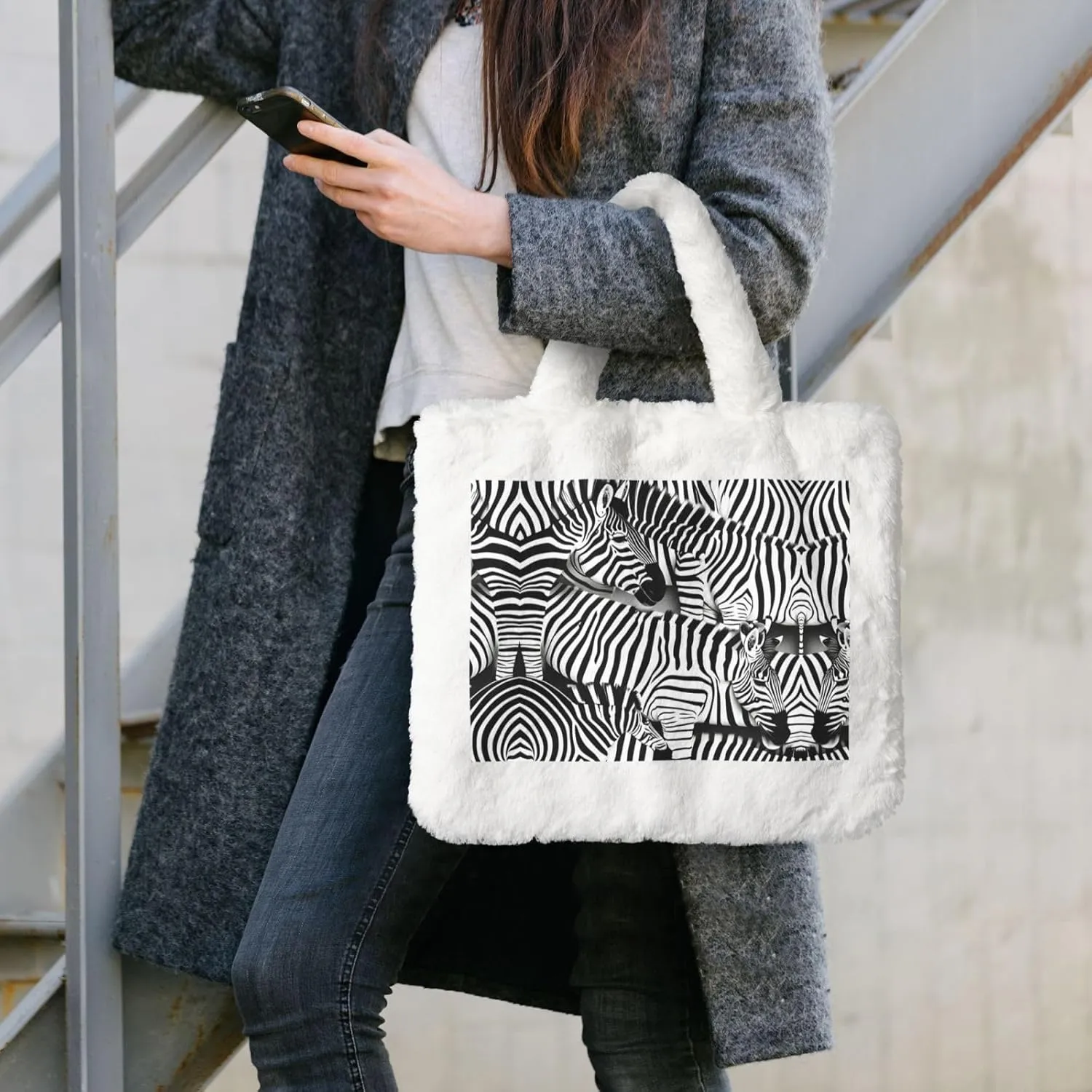 Zebra Printing Fluffy Shoulder Bag Ladies Plush Underarm Bag Tote Bag Furry Purse Handbag For Work Travel