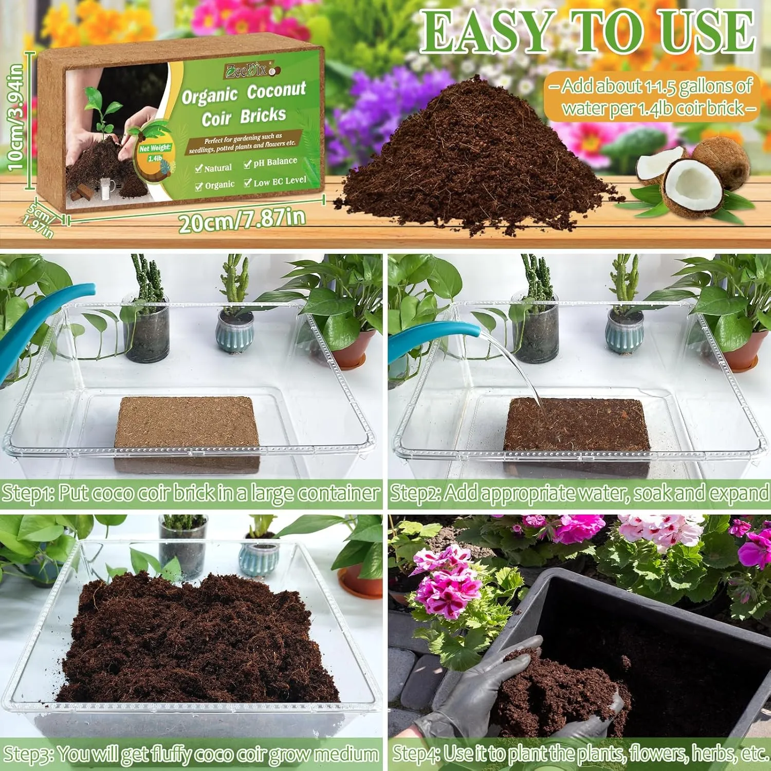 ZeeDix 10 Pcs Compressed Coco Coir Brick for Plants, Premium Organic Coconut Coir Bricks Coco Fiber Substrate Coco Coir Fiber Potting Soil with Low EC and pH Balance for Planting Gardening Reptiles