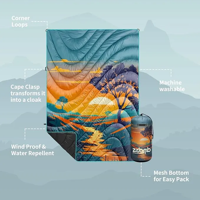 zzlamb Camping Blanket, Lightweight Cloak Puffy Down Alternative Travel Blanket, Portable & Windproof Warm Outdoor Blanket, Cozy Quilt Plane Car Picnic Hammock Beach Backpacking, 52x75in